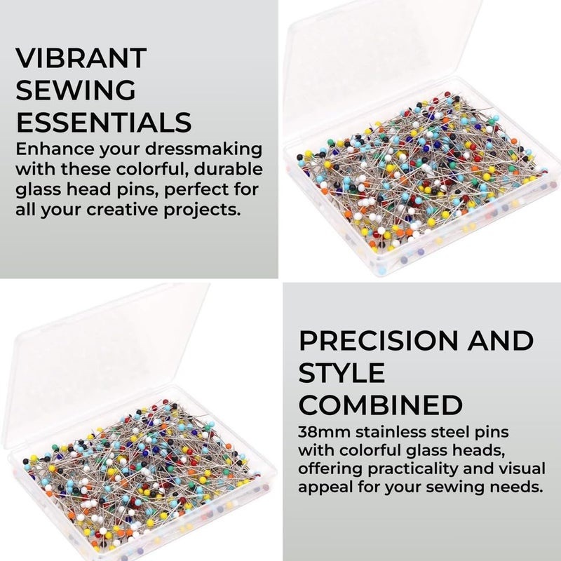 H&S Glass Head Sewing Pins for Dressmaking & Fabric Projects - 500Pcs Long Dress Pins for Crafts and Sewing Accessories - Straight Pins with Colored Heads for Decoration - Dressmaking Pins for Fabric - Image 2